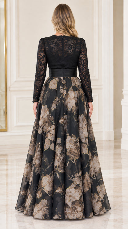 Back view of black long sleeve lace evening dress with hidden zipper