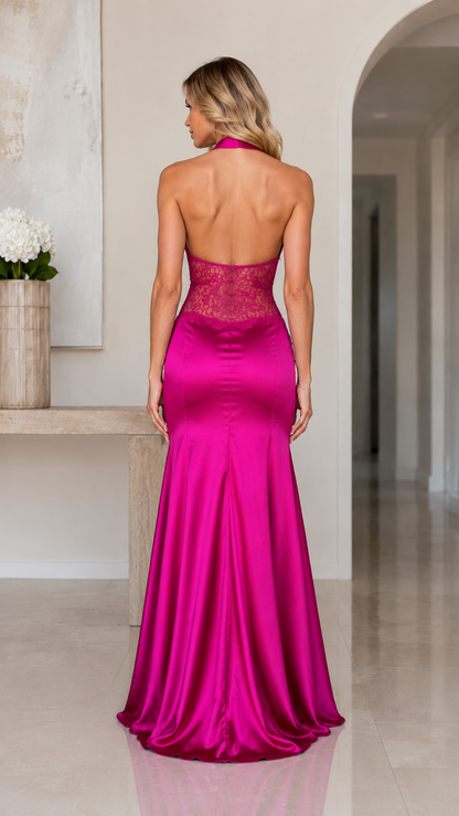 Back view of fuchsia open-back mermaid evening dress with floor-length satin-look skirt