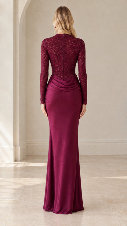 Back view of burgundy mock neck lace bodice maxi dress