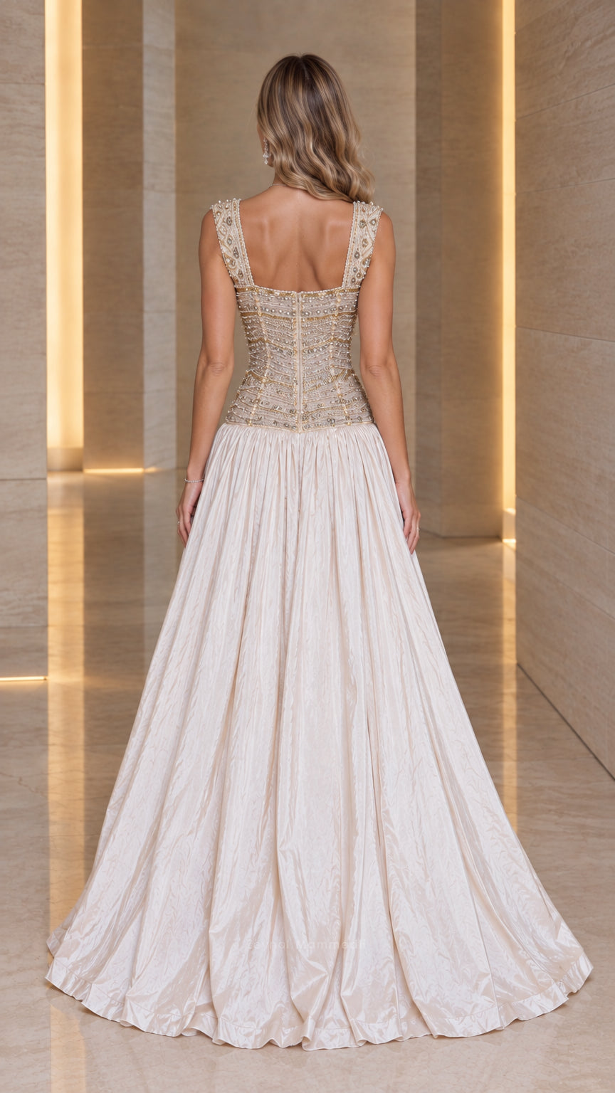 Back view of Champagne square back beaded corset maxi ballgown