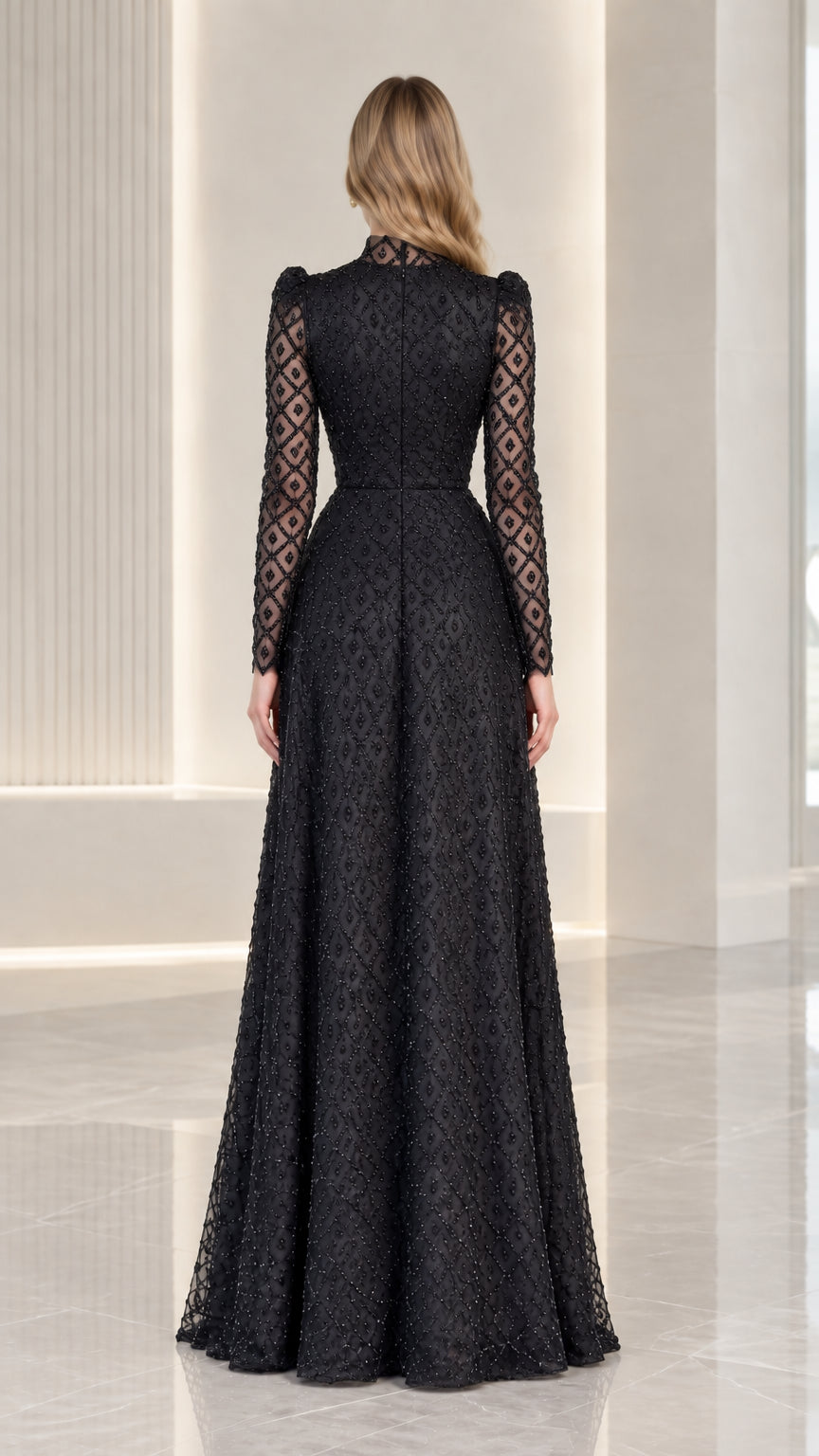 Back view of model in black high neck beaded evening gown showing zipper detail