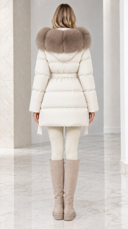 Back view of model wearing Off-White quilted winter puffer jacket with faux fur hood