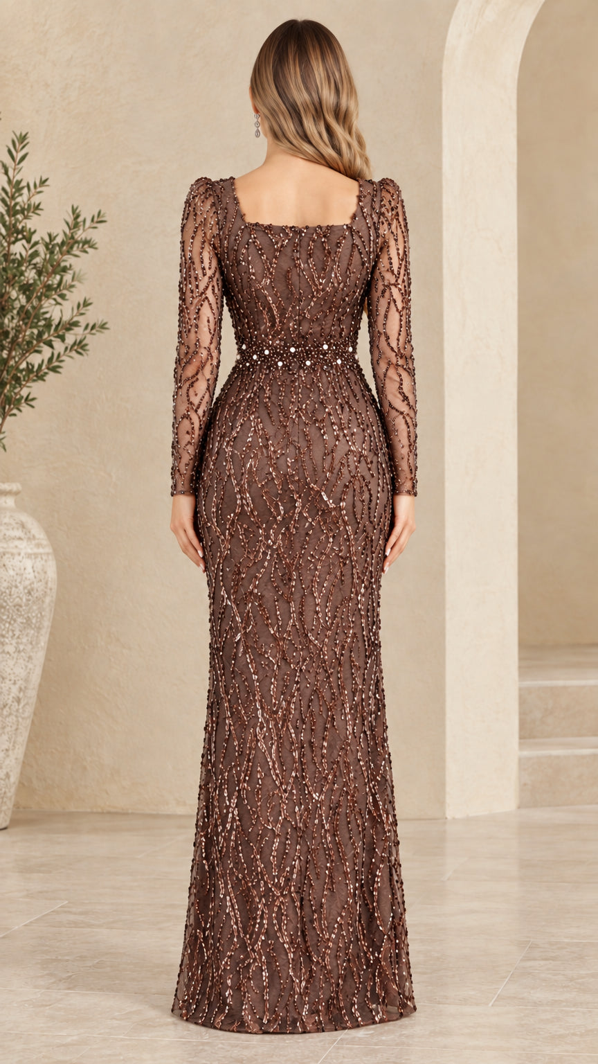 Back view of woman wearing brown square back sequin evening gown