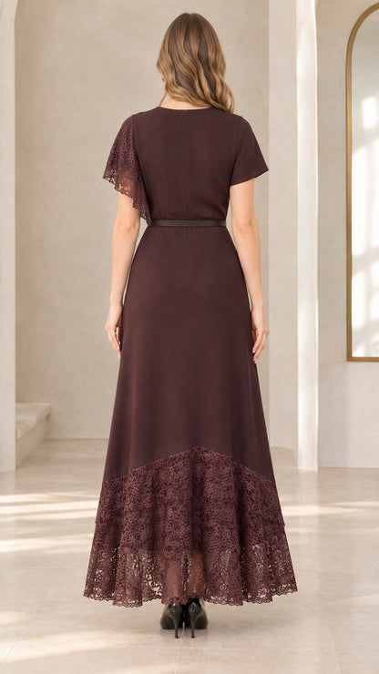 Back view of chocolate brown evening maxi dress with back zipper