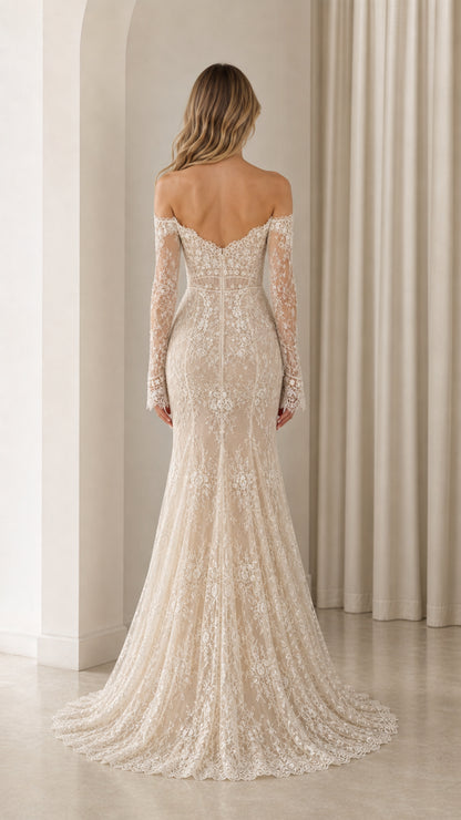 Back view of Ivory off-the-shoulder lace gown highlighting low back and sweeping hem