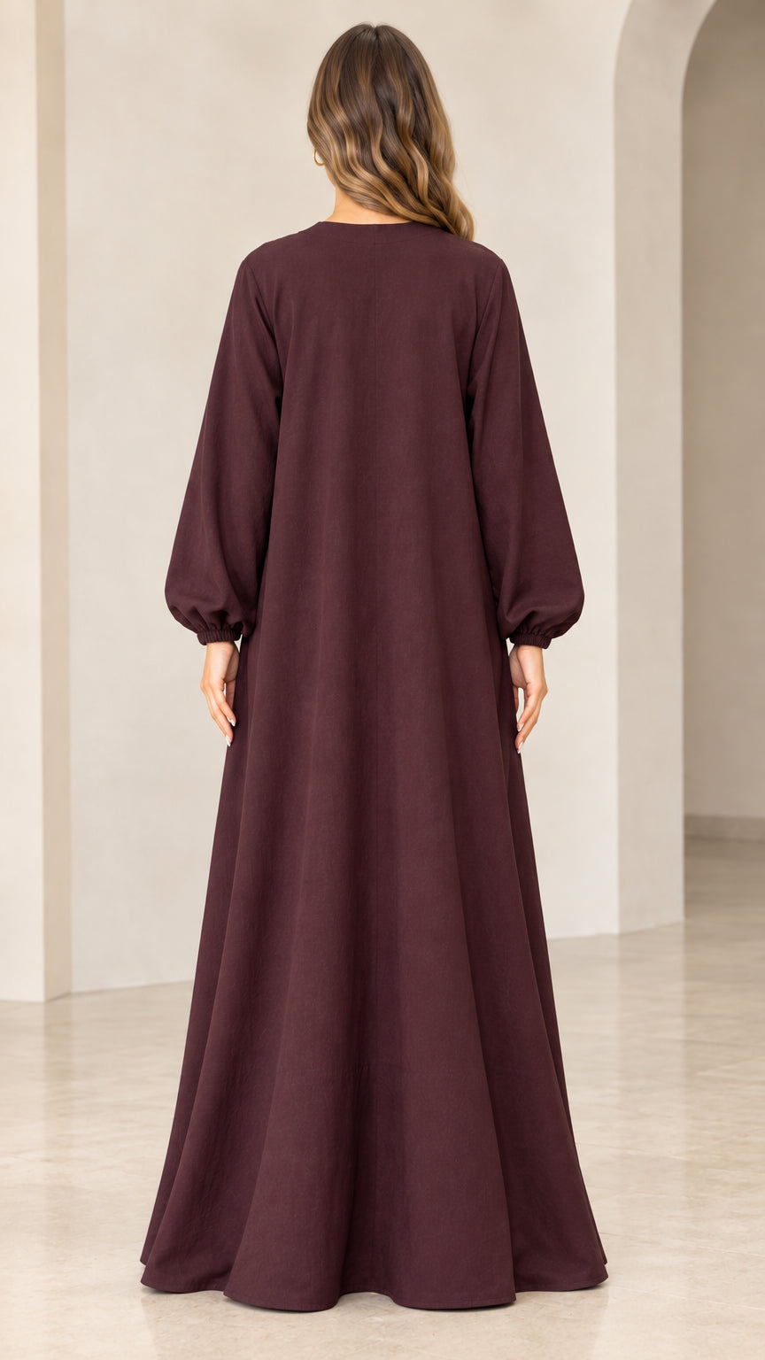 Burgundy long sleeve maxi dress back view