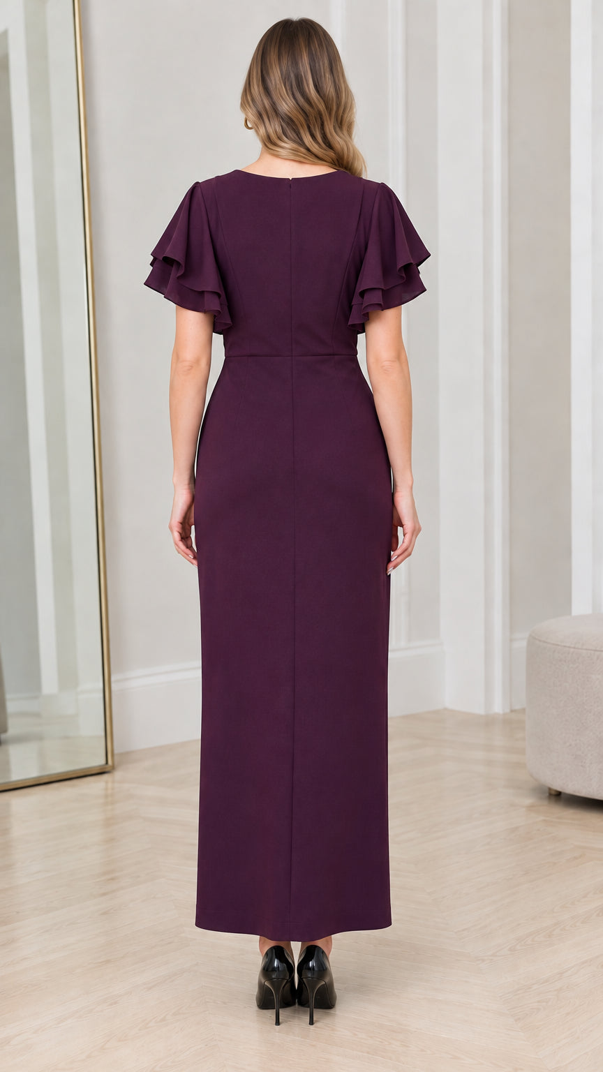 Back full view of woman wearing Plum tailored maxi dress