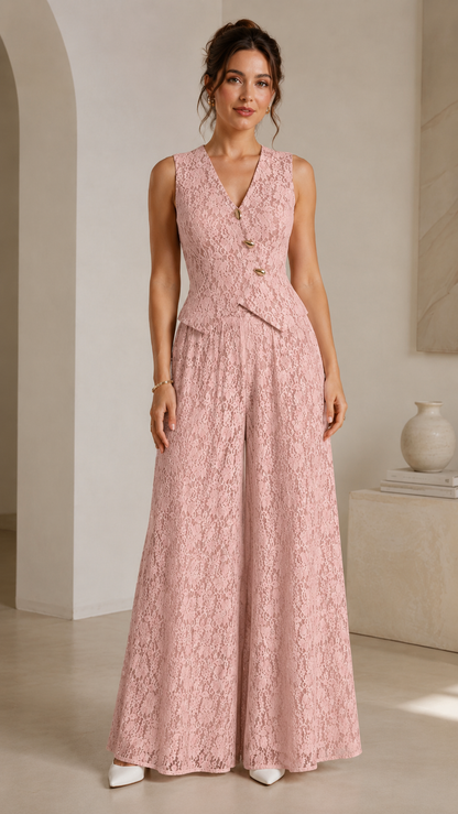 Blush pink sleeveless lace wide leg jumpsuit with tailored waist detail