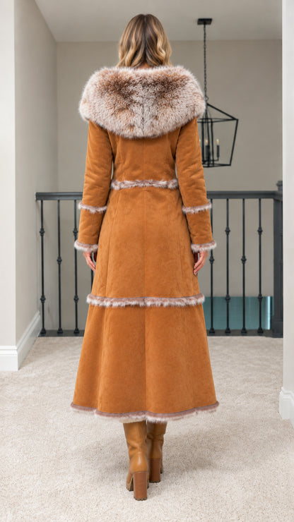 Back view of woman wearing full length camel hooded faux suede coat