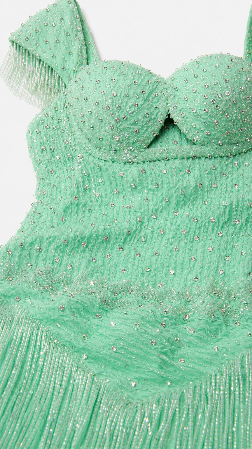 Close up of rhinestone sweetheart bodice with keyhole cutout and fringe detail