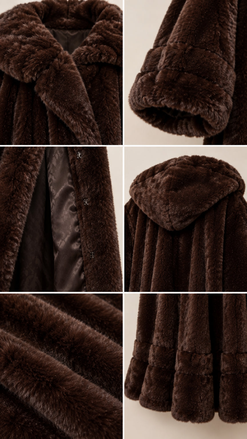 Detailed close-up collage of collar, cuffs, lining, hood, and plush texture of brown faux fur coat