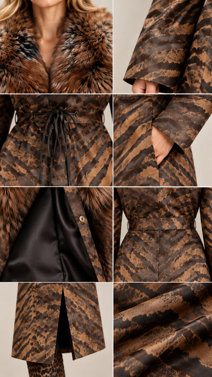 Detailed close-ups of faux fur collar, tie waist, pockets, and lining