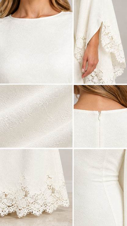 Close-up details of neckline, back zipper, fabric texture, and scalloped lace hem