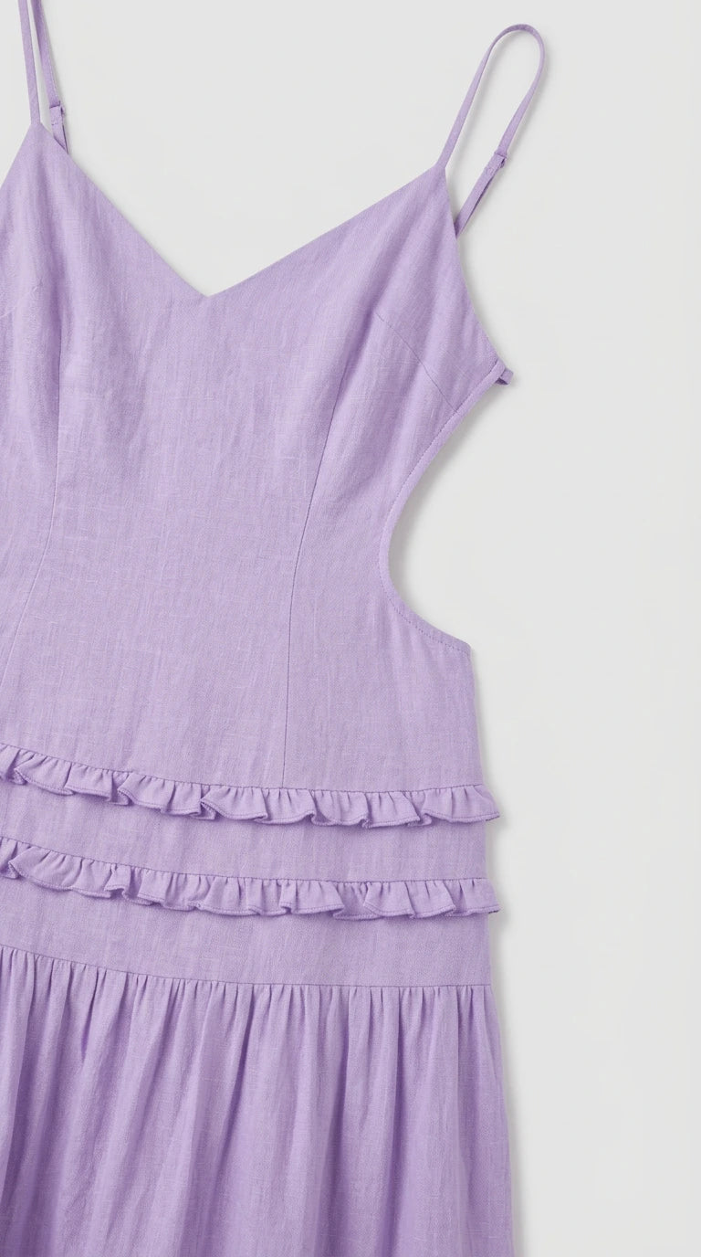 Fabric and ruffle detail close-up of Lavender cutout dress