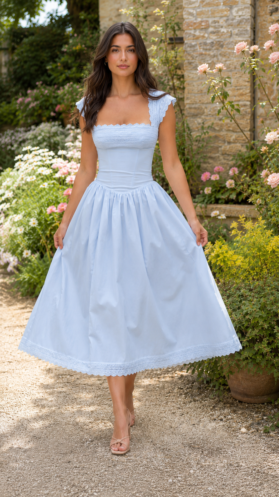 Front view of powder blue scalloped square neck midi fit and flare dress