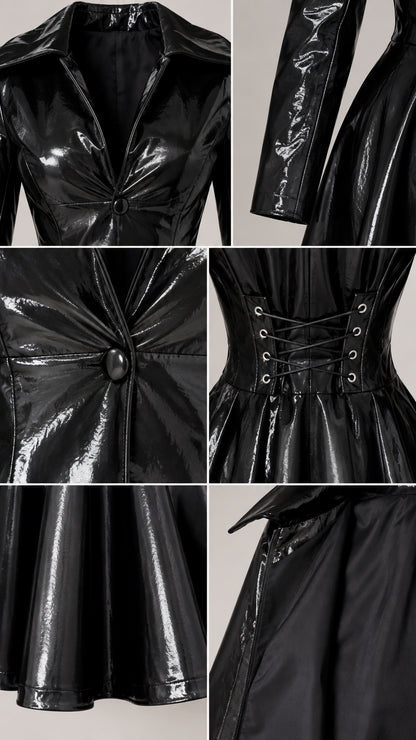 Detailed close-ups of collar, sleeves, button closure, and corset back