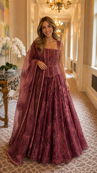 Burgundy embroidered ball gown with full skirt and matching sheer drape front view
