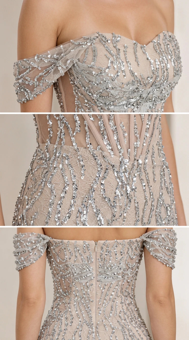 Close-up details of sweetheart neckline, draped sequin sleeves, and intricate sequin pattern