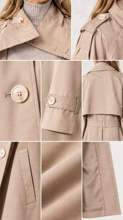 Close-up details of collar buttons, shoulder epaulets, cuff tabs, and fabric texture