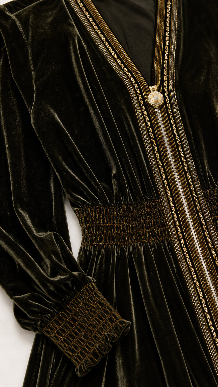 Close-up detail of neckline embroidery, zipper pull, and smocked cuff on Dark Green velvet dress