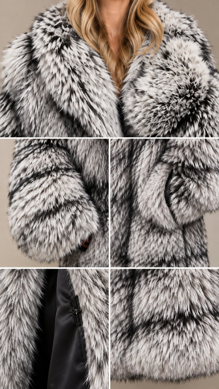 Close-up details of collar, hood, plush faux fur texture, and inner lining