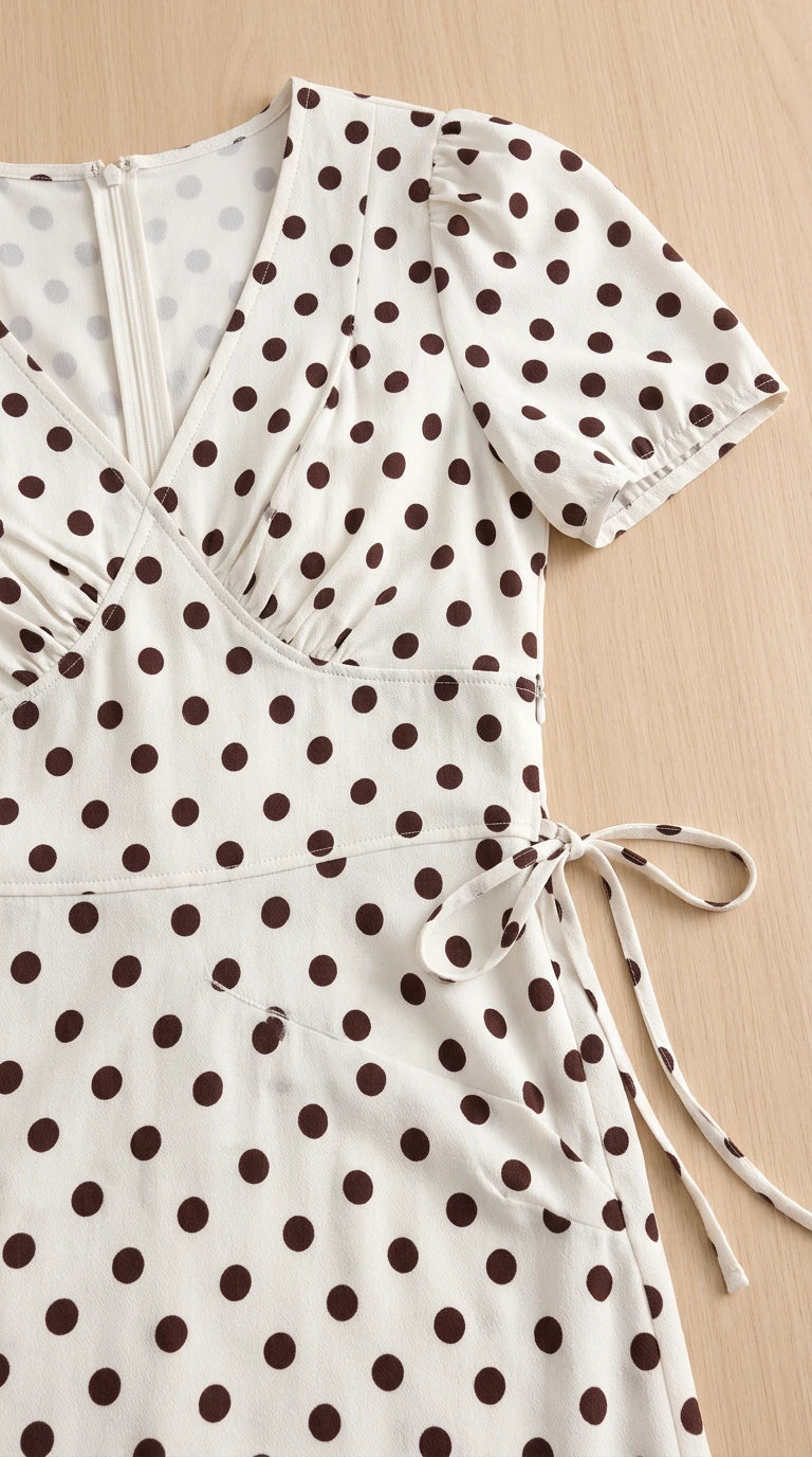 Close-up detail of neckline, bodice ruching, and side tie on polka dot dress