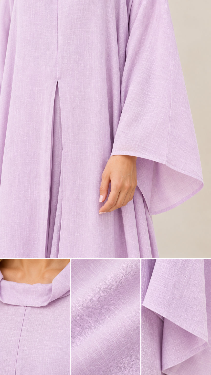 Detailed close-up of fabric texture, flared sleeve cuff, and collar of lilac kaftan dress