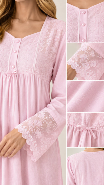 Close-up details of lace bodice, button placket, and scalloped lace sleeve cuffs