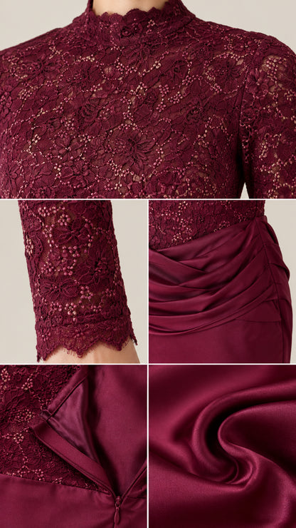 Close up details of burgundy lace neckline, scalloped sleeves, draped waist, and zipper