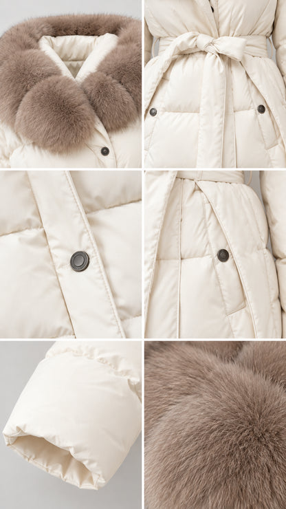 Close-up details of faux fur collar, tie waist belt, snap placket, and pocket