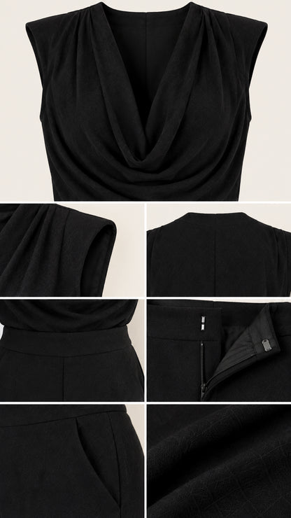 Close-up details of cowl neckline, shoulder pleats, waistband zipper, pockets, and fabric texture