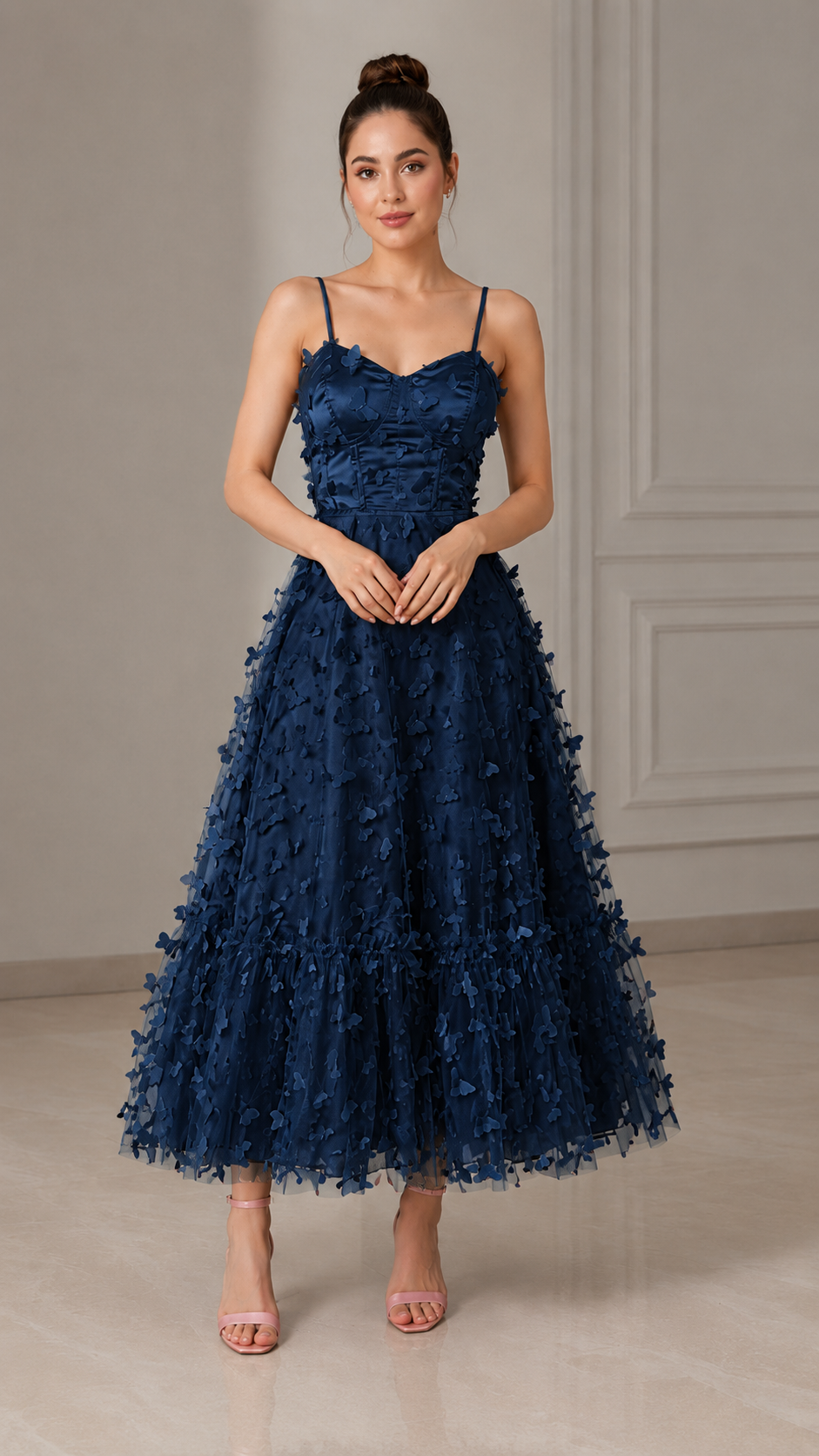Navy 3D floral cami midi dress front view