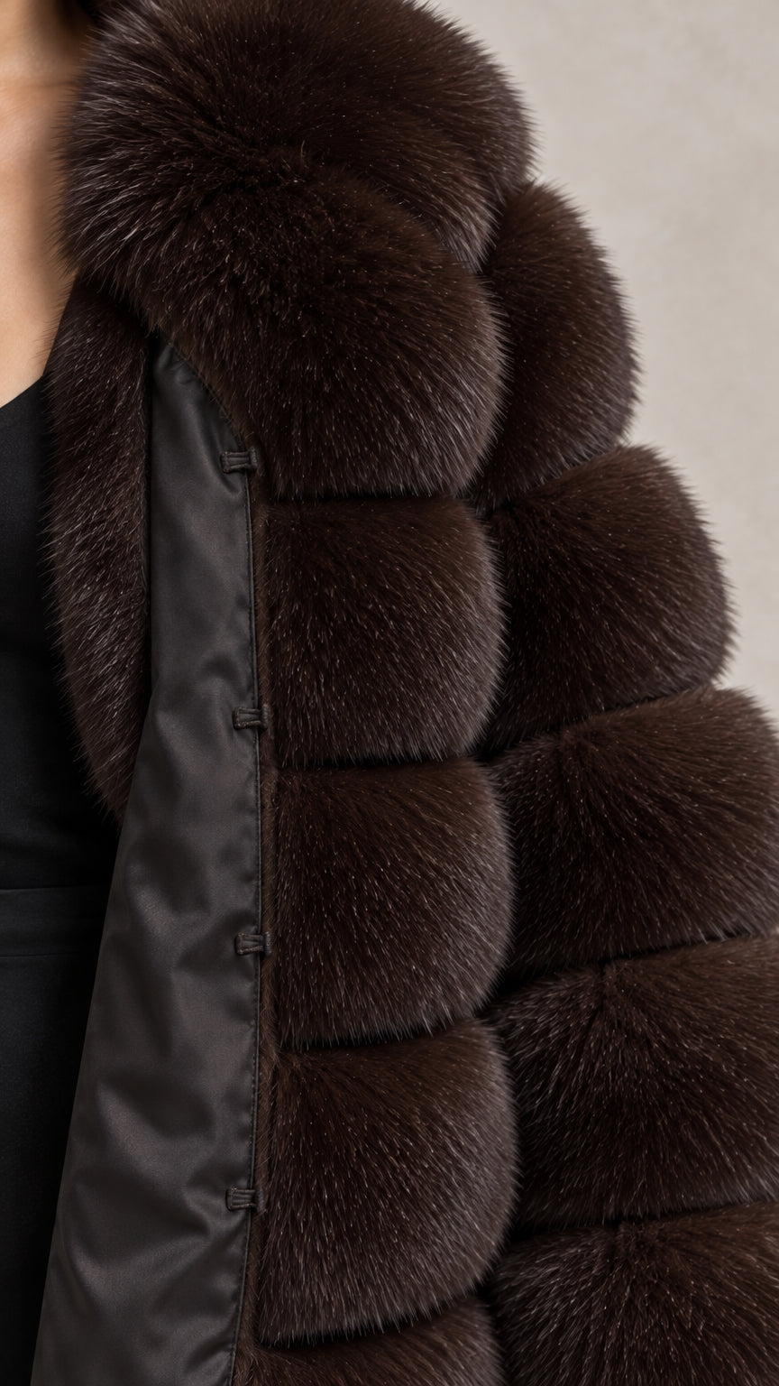 Close-up detail of plush brown faux fur texture and smooth inner lining with concealed closure