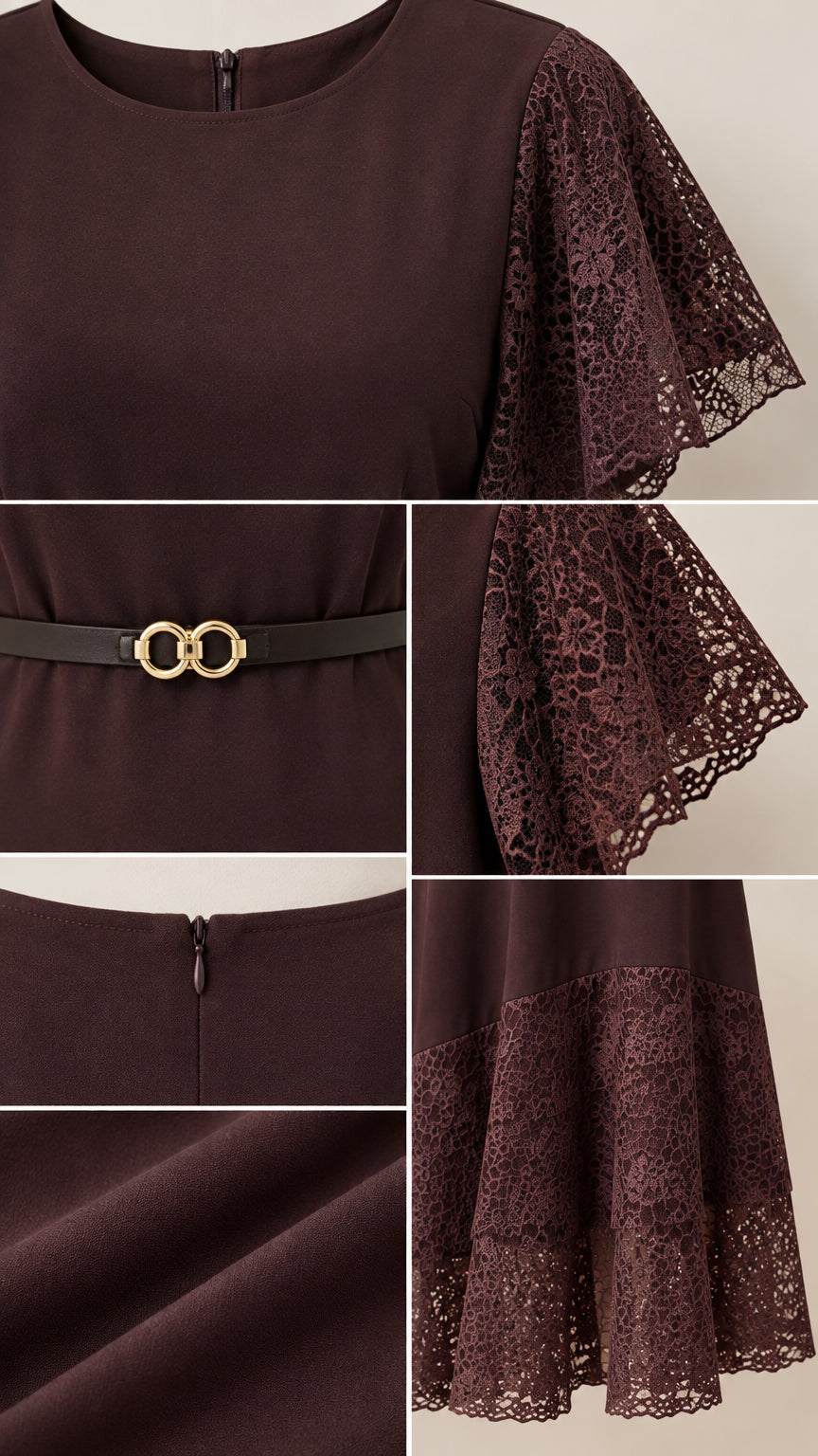 Close-up details of lace sleeves, belt buckle, back zipper, fabric texture, and lace hem