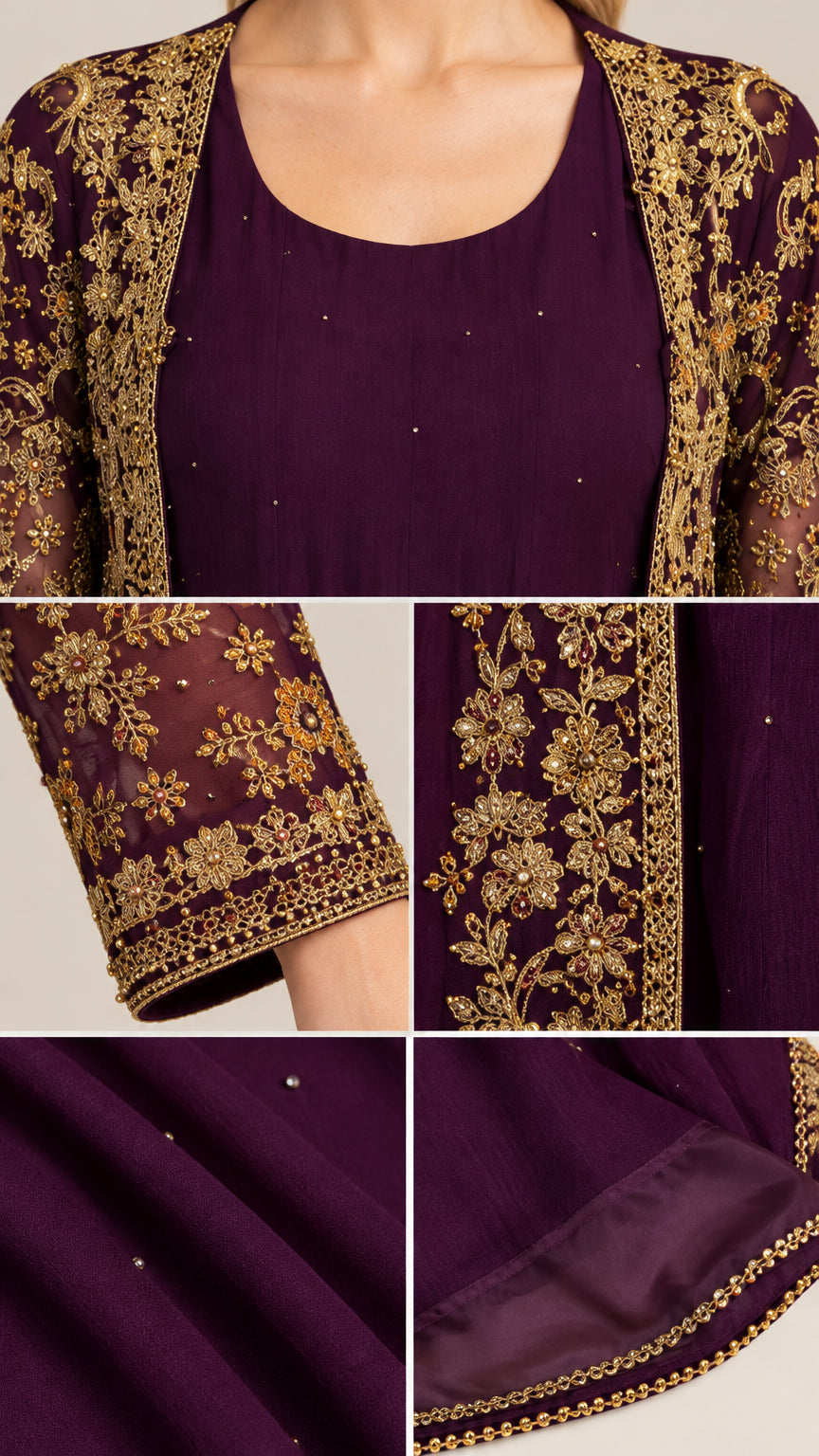 Close-up details of intricate gold embroidery on sleeve cuffs and sheer fabric