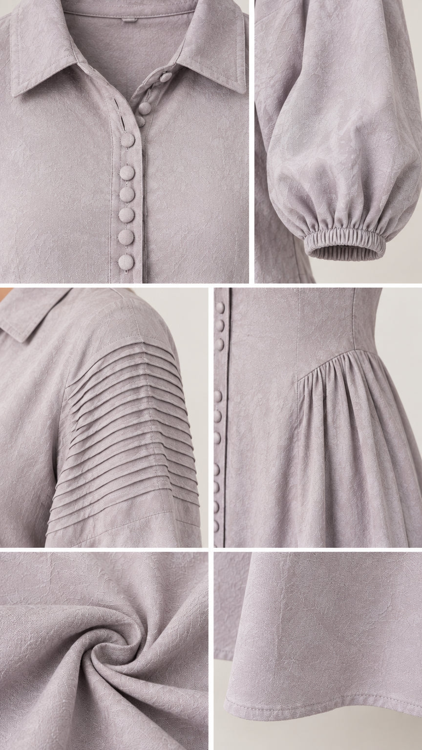 Detailed collage showing collar, covered buttons, shoulder pintucks, elastic cuff, and fabric texture