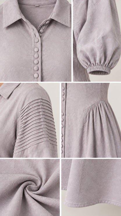 Detailed collage showing collar, covered buttons, shoulder pintucks, elastic cuff, and fabric texture