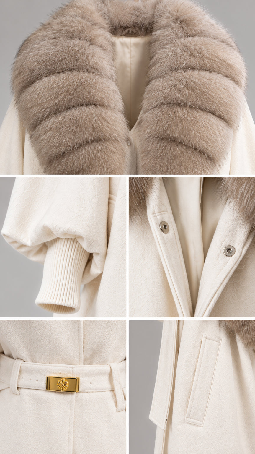 Detailed close-ups of ribbed faux fur collar, knit cuff, snap buttons, and belt buckle hardware