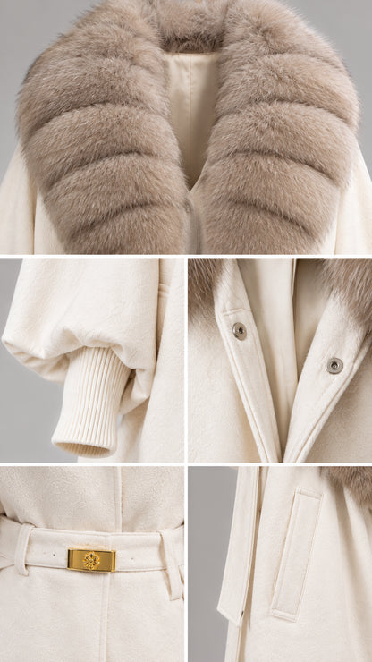 Detailed close-ups of ribbed faux fur collar, knit cuff, snap buttons, and belt buckle hardware