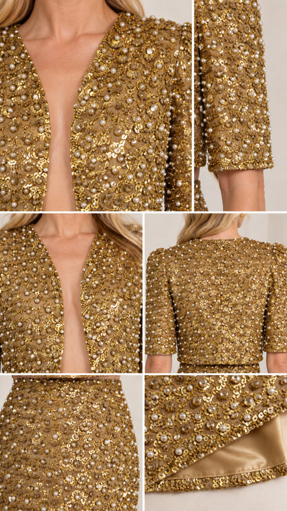 Detailed close-ups of intricate sequin beadwork, neckline, and smooth lining