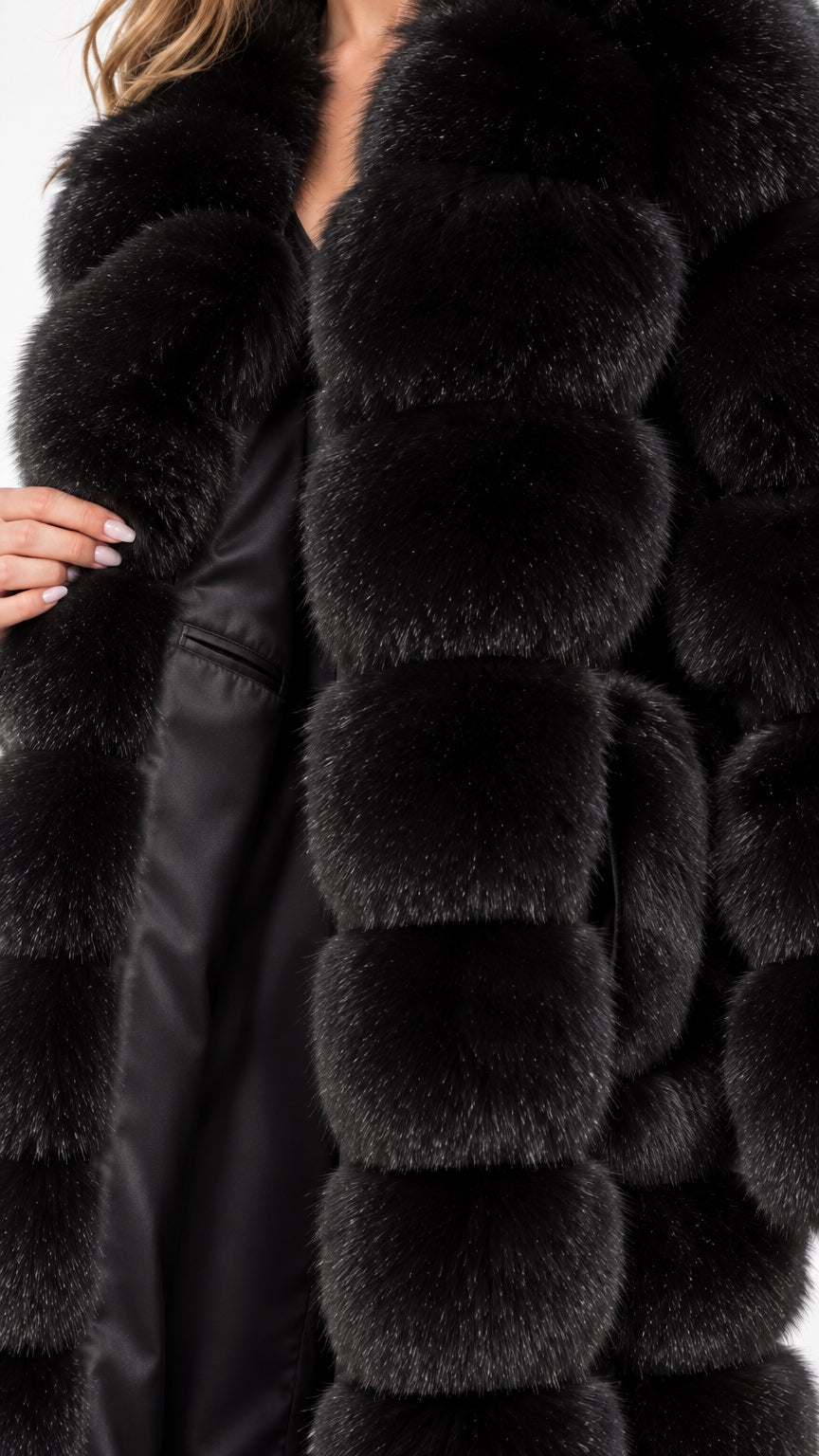 Close up of black plush faux fur texture and smooth inner lining