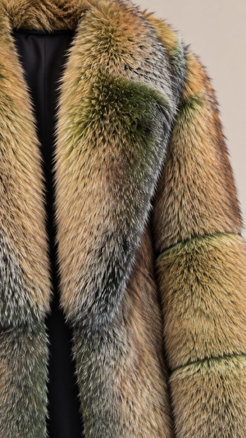 Close-up of the plush color-block texture and wide collar