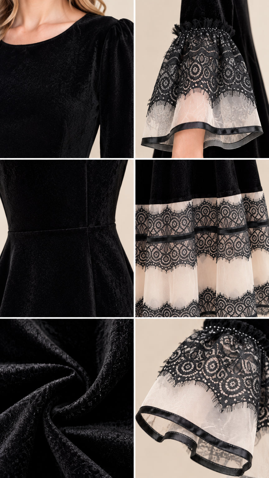 Detailed close-up views of black velvet dress neckline, lace bell cuffs, fabric texture, and tiered lace hem