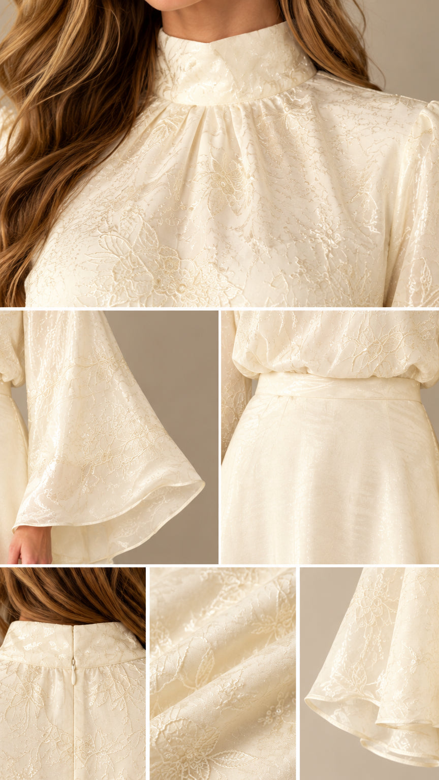 Detailed close-up views of high neckline, bell sleeve cuff, waistline, and jacquard texture in ivory
