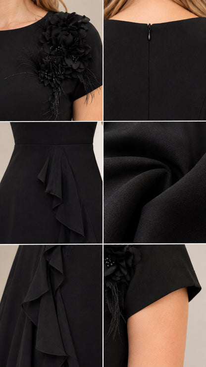 Close-up detail collage showing floral shoulder corsage, back zipper, ruffle texture, and sleeve finish