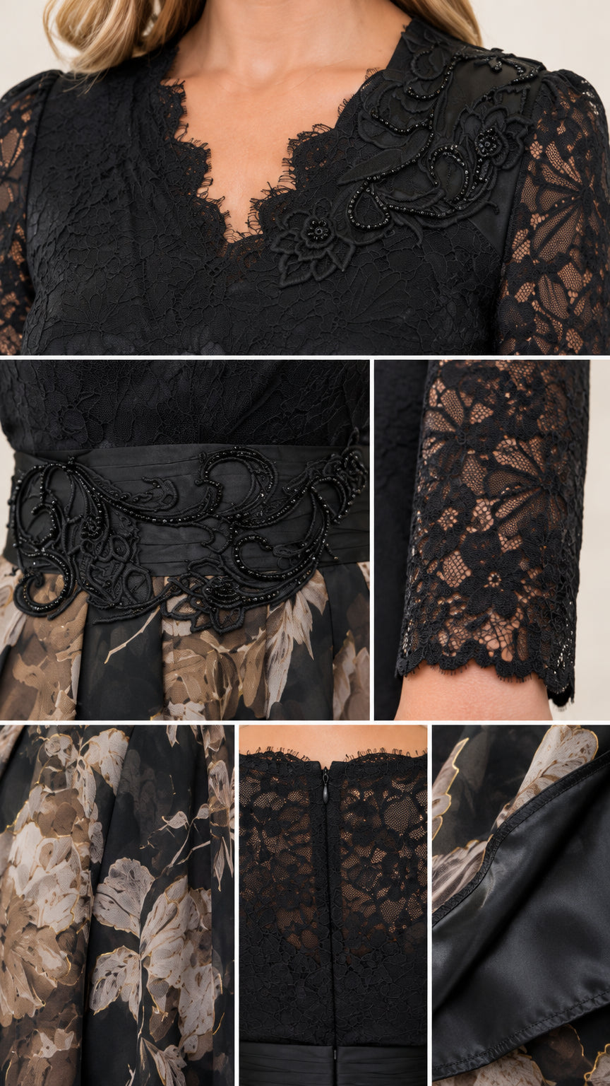 Close-up details of lace neckline, beaded waist cincher, and floral fabric