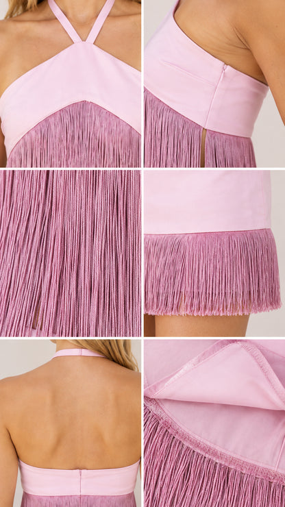 Detailed close-up collage showing fringe texture, halter strap, zipper, and skirt hem