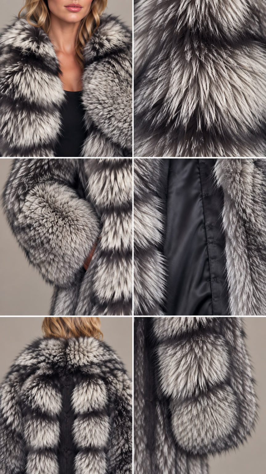 Close-up details of faux fur texture, lining, and panel construction