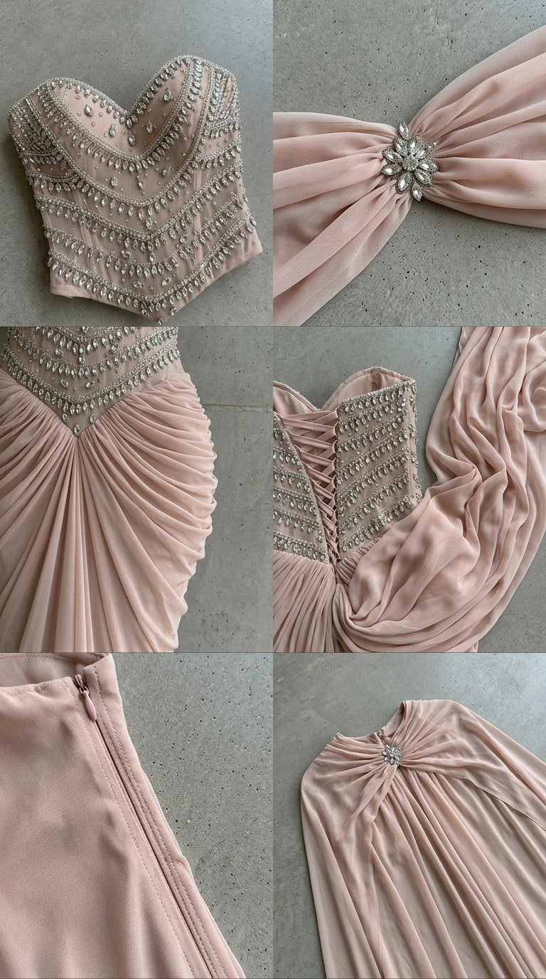 Close-up details of intricate rhinestone beadwork, back lace-up, and ruched fabric craftsmanship