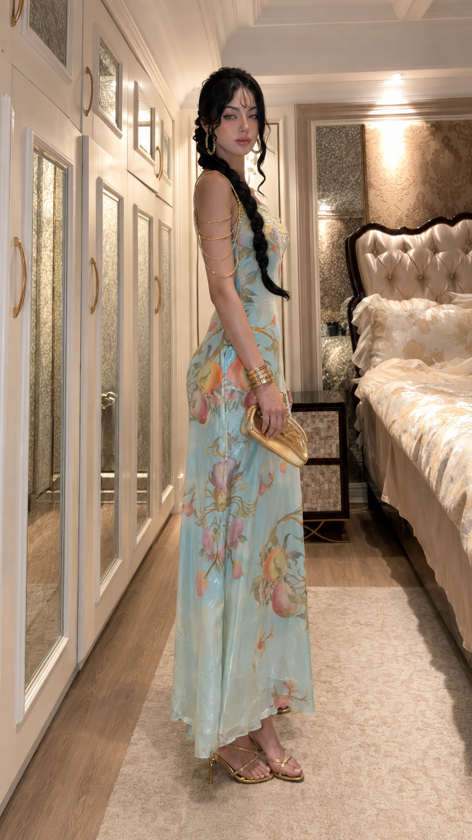 Sky blue floral lace trim satin-look slip maxi dress side view